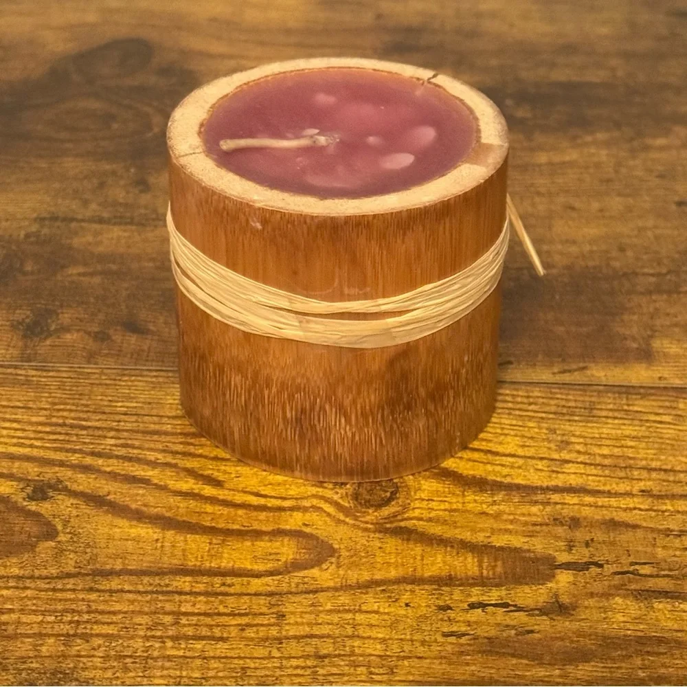 Rustic Wood Bamboo Style Candle ~3in‎ Plum Wax Raffia Tie Boho Decor